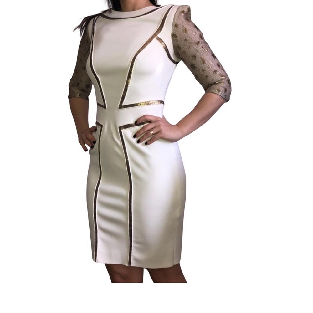 Tadashi Shoji Midi Cream and Gold Dress
